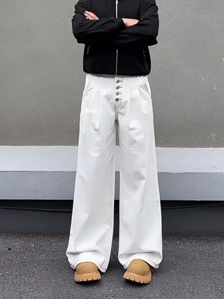

Retro Black White Wide Leg Jeans Men's Women's American High Street Button Pressed Pleat Knife Edge Fashionable Casual Jeans
