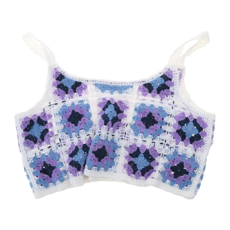 Knit Short Crop for Tank Top Women Summer Ethnic Hollow Out Crochet Contrast Color Floral Sleeveless Loose Vest Camisole image 3