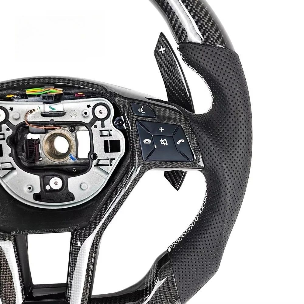 For W204 W212 W207 W218 X204 W117 Customized Perforated Leather Carbon Fiber Steering Wheel with Paddle Shifters