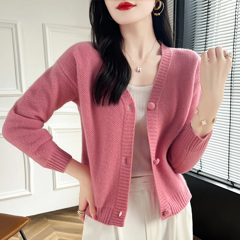 Free Shipping 100% Wool Knitted V-neck Winter Cardigans Cashmere Sweaters Women  Soft High Quality Ladies Jumpers Clothes 2024