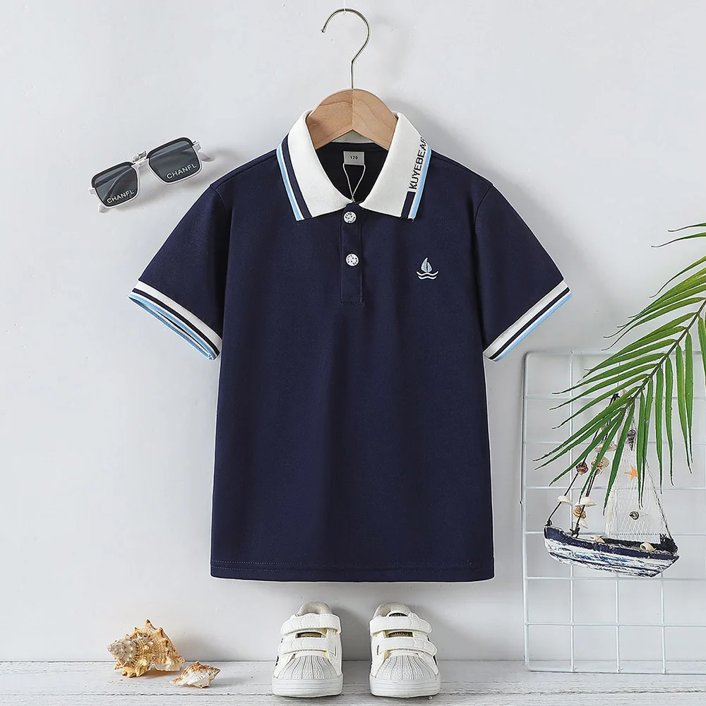 Jungen-Poloshirt 5-12 Jahre Sommer Segelboot-Stickerei Kurzarm-T-Shirt Kinder Gestreiftes Revers Atmungsaktives Lässiges Schul-T-Shirt – Detail 3