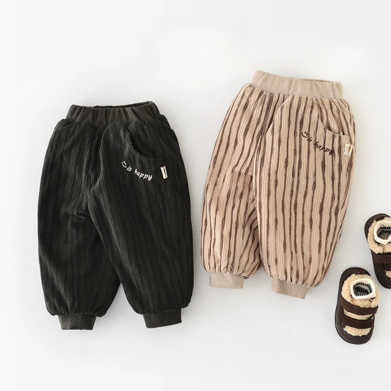 

2025 Autumn/Winter New Children's Outing Vertical Striped Plush Thick Elastic Waist Pants