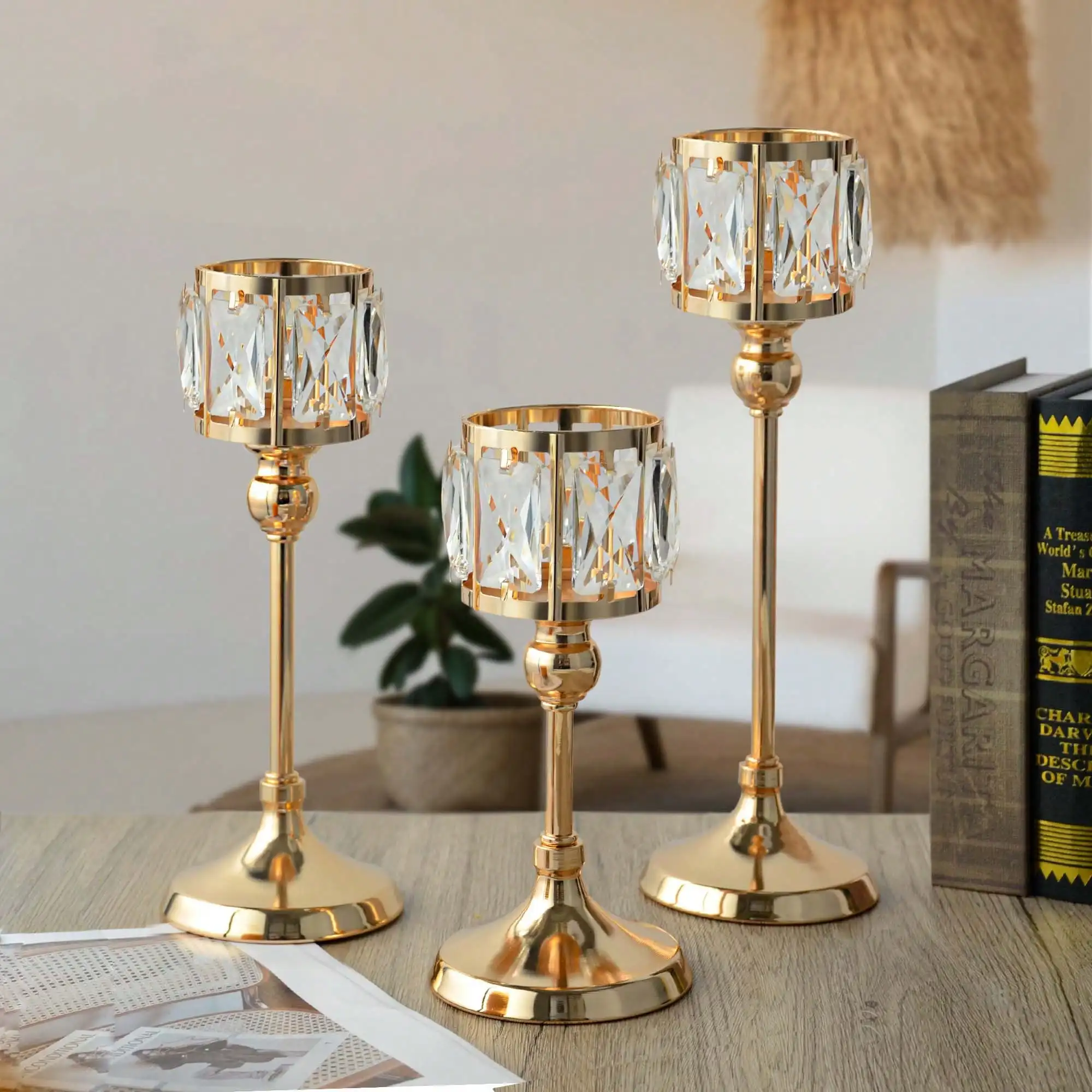 3pcs Crystal Candle Holders Set - 3 Sizes, Gold/Silver/Metallic Colors, Suitable For Wedding Centerpiece Decor, Dining Table Decor, Fireplace Decor And Home Decor, Valentine's Day, Birthday, Graduation Gifts