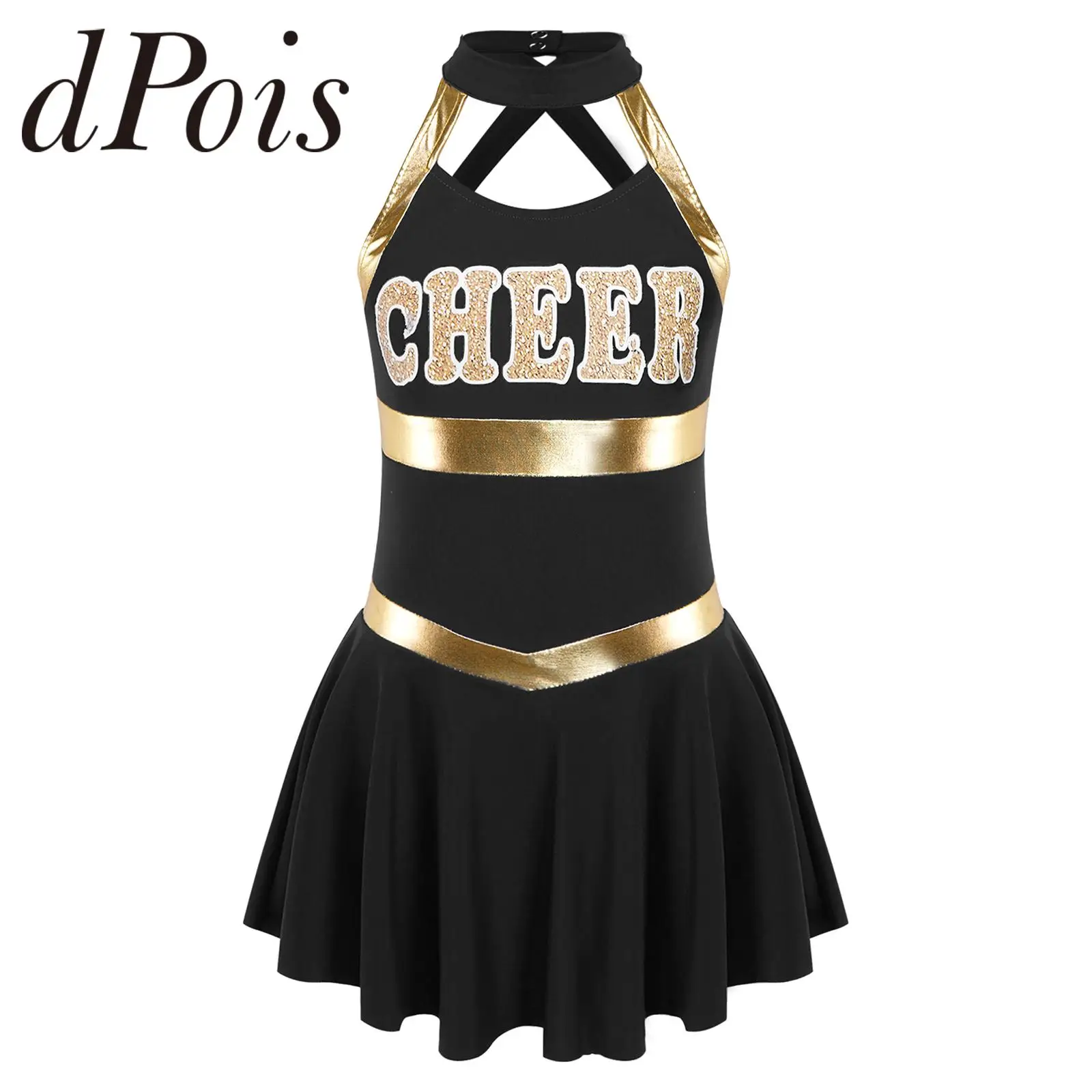 Kids Girls Cheerleader Costume Dancewear Sleeveless Letter Print Hollow Back Dance Cheerleading Uniform Dress Group Clothing