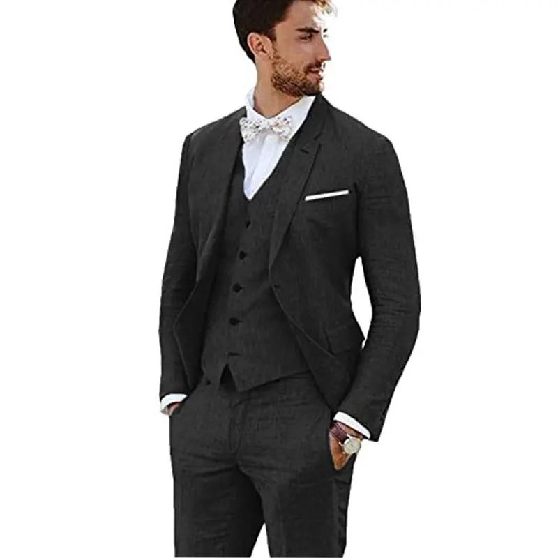 Linen Suit 3 Piece Vintage Retro Wedding Prom Suits Slim Fit Jacket Coat Groom Tuxedos