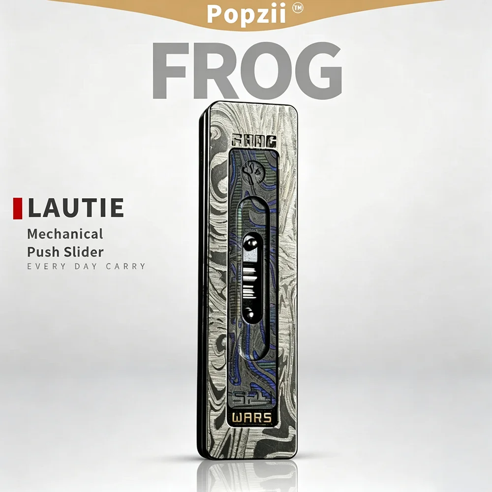 LAUTIE EDC Frog Mechanical Slider SS/Zirc Damascus Pattern Engraving Fidget Slider Adults EDC Pocket Toy ADHD-friendly