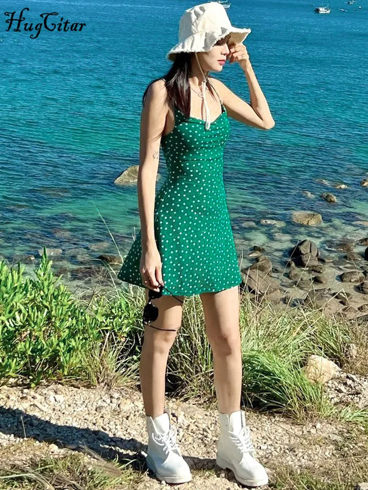 Hugcitar 2024 Estate Spot Stampa Sottovesti Backless Sexy Elegante Aderente Mini Vestito Da Promenade Delle Donne Abiti Casual Y2K Beach Festival