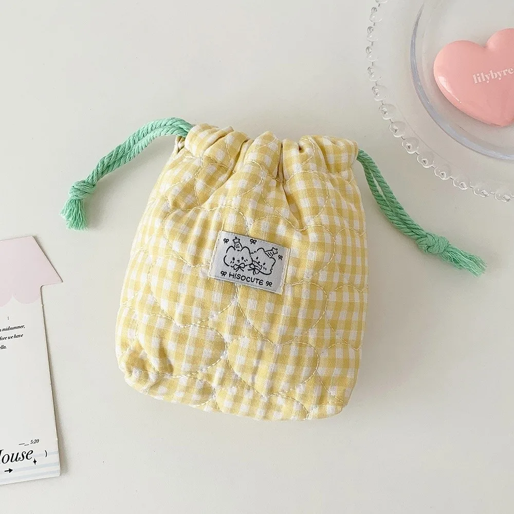New Plaid Drawstring Makeup Bag Quilted Fabric Cute Style Camera Storage Bags Love Heart Label Cosmetic Pouch For Girls