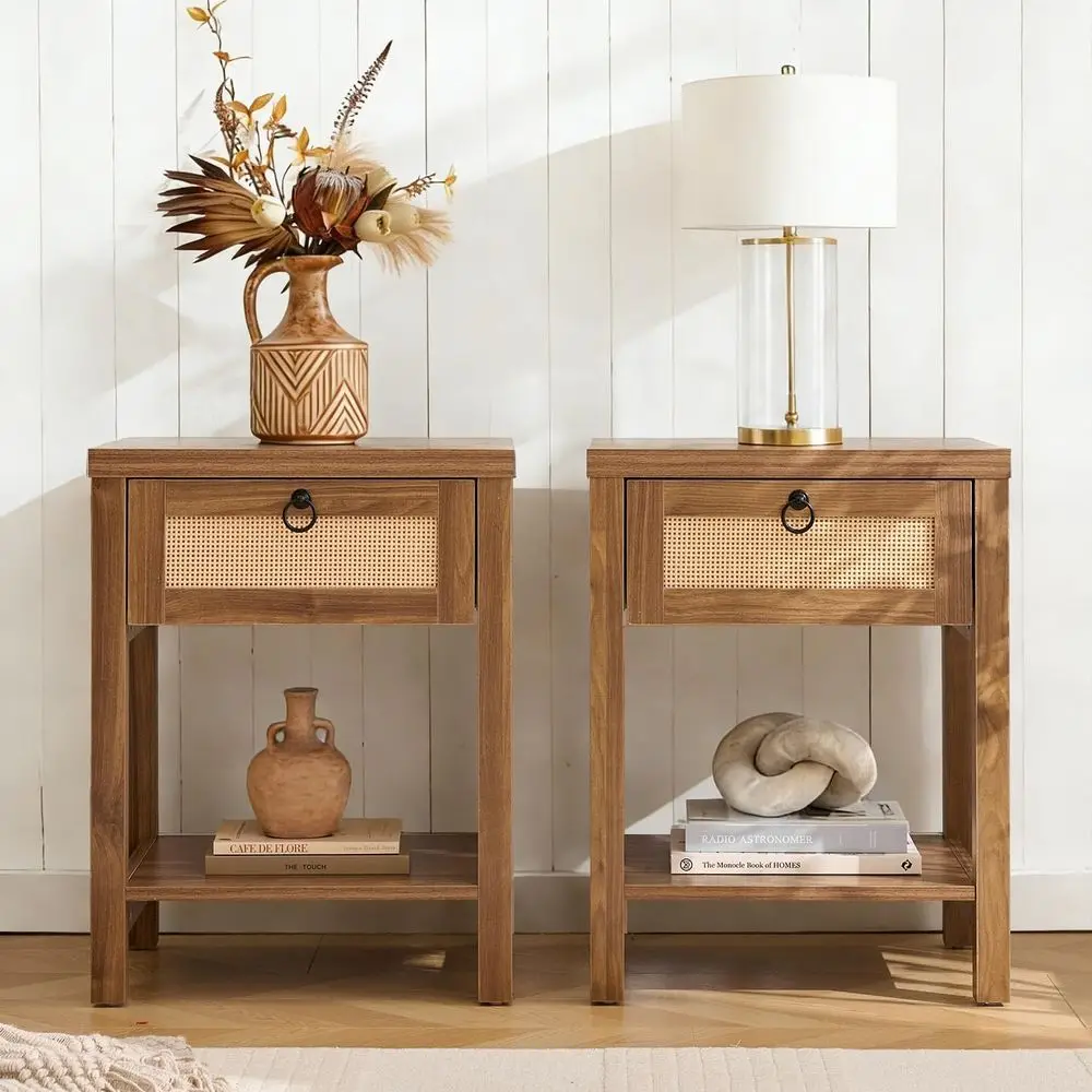 Rattan Nightstands Set o 2, Night Stand with Ders, Boho Nightstand with Open Shel, Living Room Side Table and End Table or Bedro