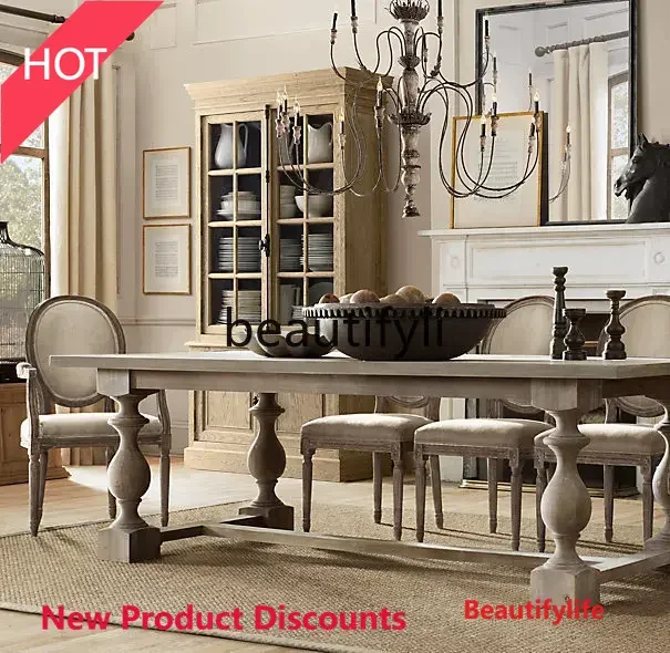 X188 American-style Vintage Solid Wood Dining Table and Chair Set Retro Conference Table European-style Office French-style Work