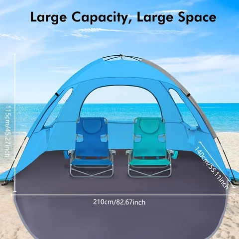 자외선 차단, 확장 바닥, 3개의 메쉬 롤 창 및 운반용 유리 섬유 막대가 있는 2-3인용 해변 텐트 천막