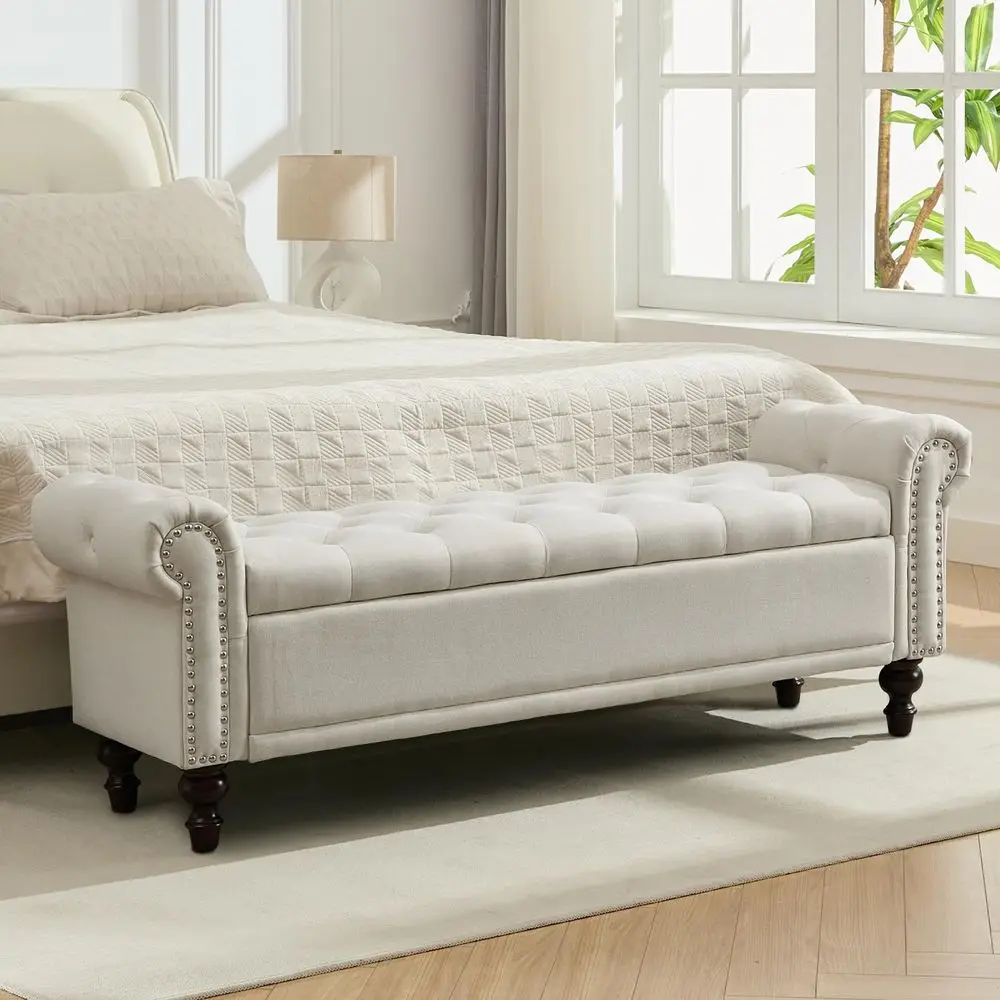Upholstered Storage Bench for Bedroom, Linen End of Bed Storage Ottoman Benches Large, Button Tufted Ottomans with Storage for