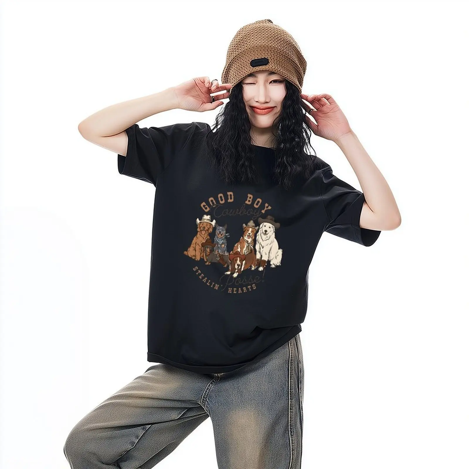 تي شيرت نسائي كاجوال مريح برقبة دائرية وأكمام قصيرة مع طباعة عائلة الحيوانات ماص للرطوبة والعرق تي شيرت