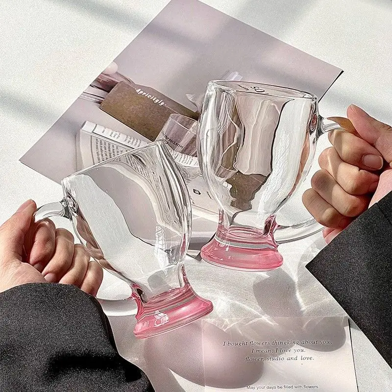 Clear Glass Beer Mug With Pink Footed Base Transparent Handle Coffee Tea Cup 350ml Heat Resistant Borosilicate Drinkware For