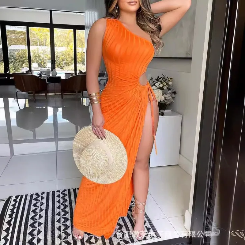 

2024 Spring Summer New Women's Clothing Solid Color One-Shoulder Sunken Stripe Drawstring Split Midriff Outfit Long Dress