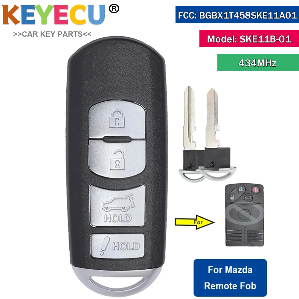 KEYECU Modified Smart Remote Car Key With 4 Buttons 434MHz for Mazda CX-7 CX-9 2007 2008 2009 Fob BGBX1T458SKE11A01 SKE11B-01