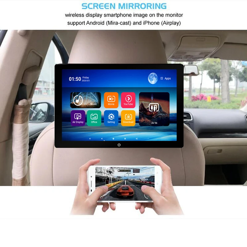 10.1 Inch Andriod Car Headrest Monitor A106 Tablet PC Android 12 Car Monitor 2G+32G ROM Rear Seat Video TV Player FM Bluetooth