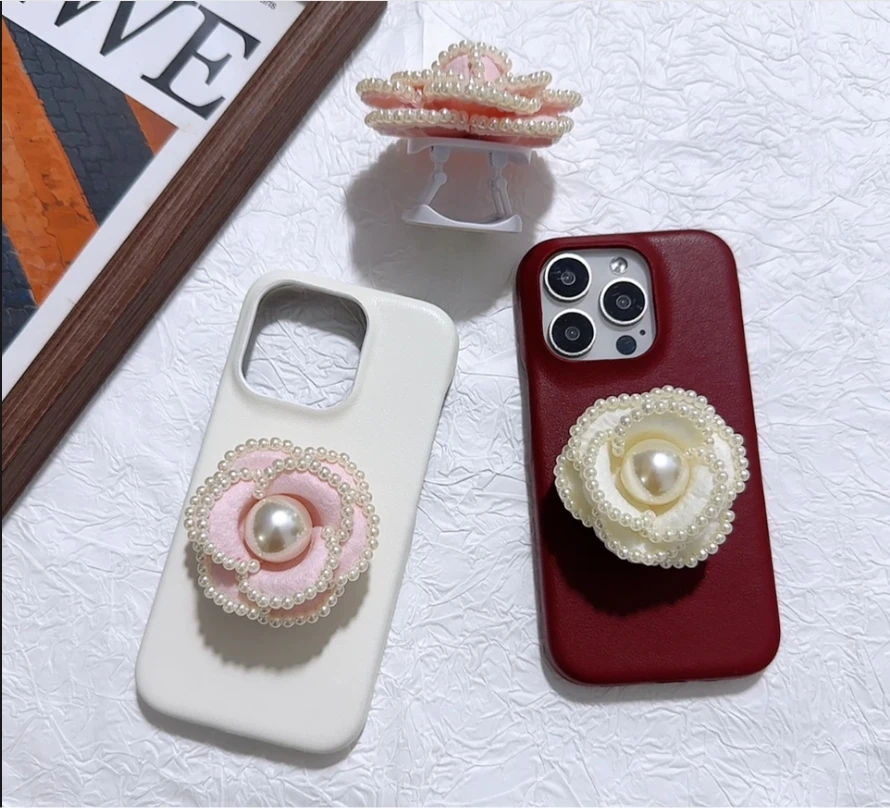 

Luxury Pearl rose With bracket PU leather Case for iPhone 16 15 14 Phone Cover 15 14 13 12 11 Pro MAX Hard Shockproof Back Funda