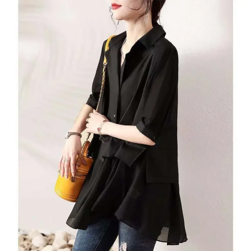 

Fashion Solid Color Folds Spliced Fake Two Pieces Blouse Women's Clothing 2023 Spring New Casual Pullovers Loose Commute Shirt