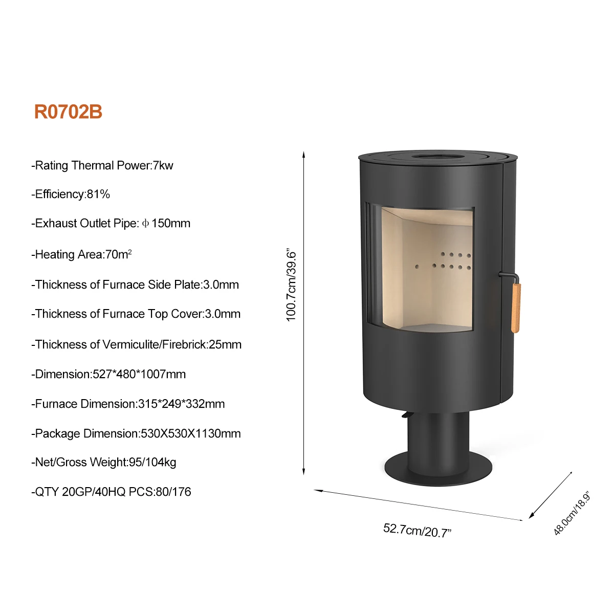 CE Certificate R0702B Round Morden Design Freestanding Environmental Home Indoor Wood Burning Stove Wood Heater with Ash Tray