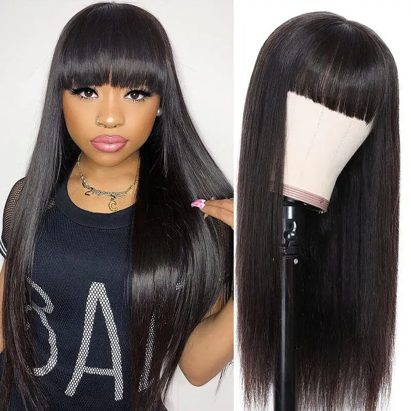 

30 Inch Bone Straight Human Hair Wig Short Bob Wigs With Bangs Machine Made Wigs Natural Hair Fringe Wigs