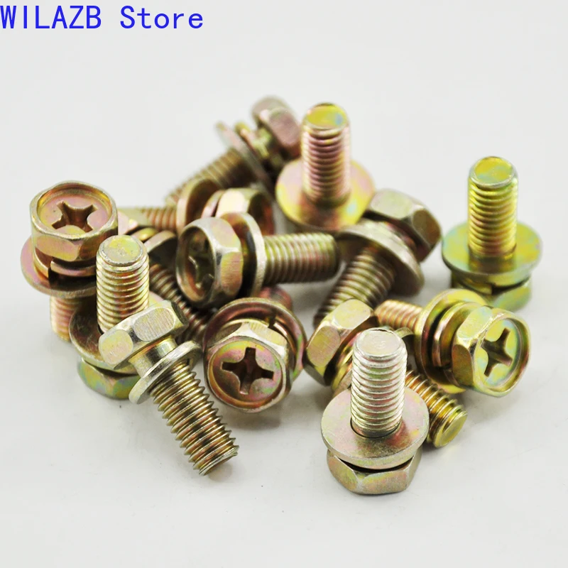 M3 M4 M5 M6 M8 GB9074.13 Yellow Zinc Plated Hex Cross Bolt Phillips Flat Gasket Spring Washers Set Hexagon Screws Carbon Steel