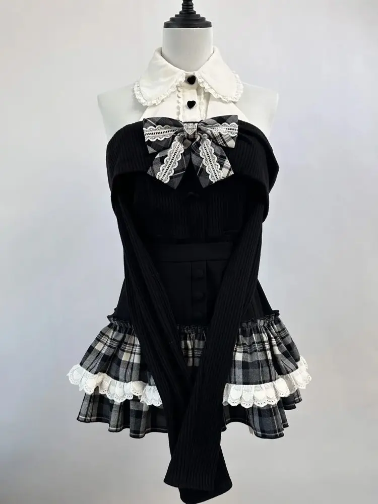 かわいい日本の秋のセーター + ショートスカート ツーピース スラッシュネック ニット ジャンパー Y2K ヴィンテージ サブカルチャー パンク ガール服