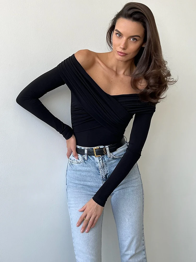 Sexy Bodysuits For Women Fashion Solid Slash Neck Long Sleeves Skinny Rompers Off Shoulder Streetwear Club Slim Jumpsuits Female