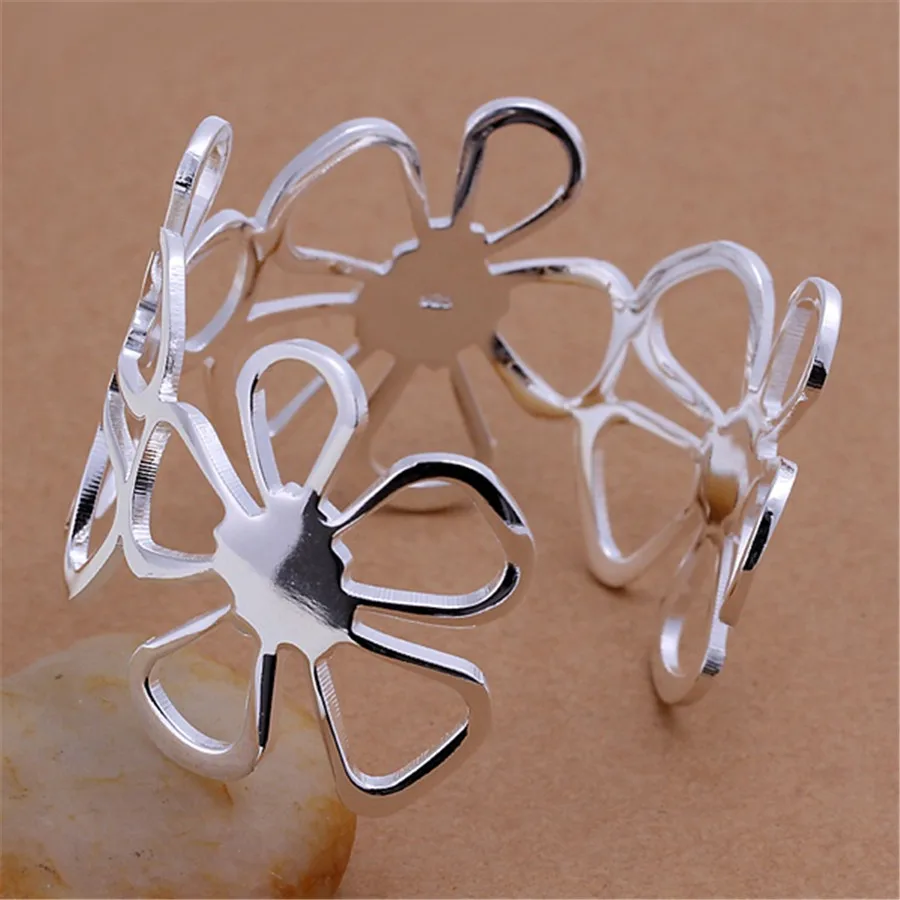

Fine 925 Sterling Silver Flower Wide Bangles Cuff Bracelets for Women Adjustable Fashion Party Wedding Accessories Jewelry Gifts