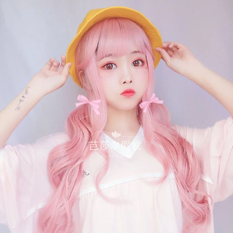 Synthetic Wig Long Pink Wigs Natural Wavy Heat Resistant Fiber for Women Halloween Cosplay Lolita Harajuku Daily Wig