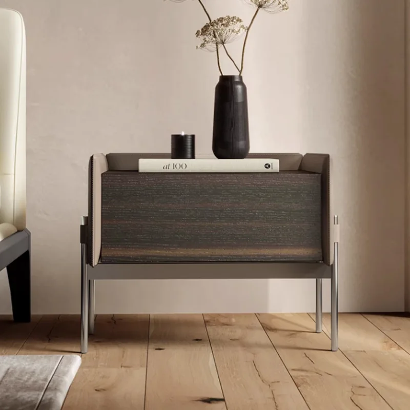 Italian minimalist solid wood bedside table, bedroom storage bedside table, high-end designer creative imported saddle leather