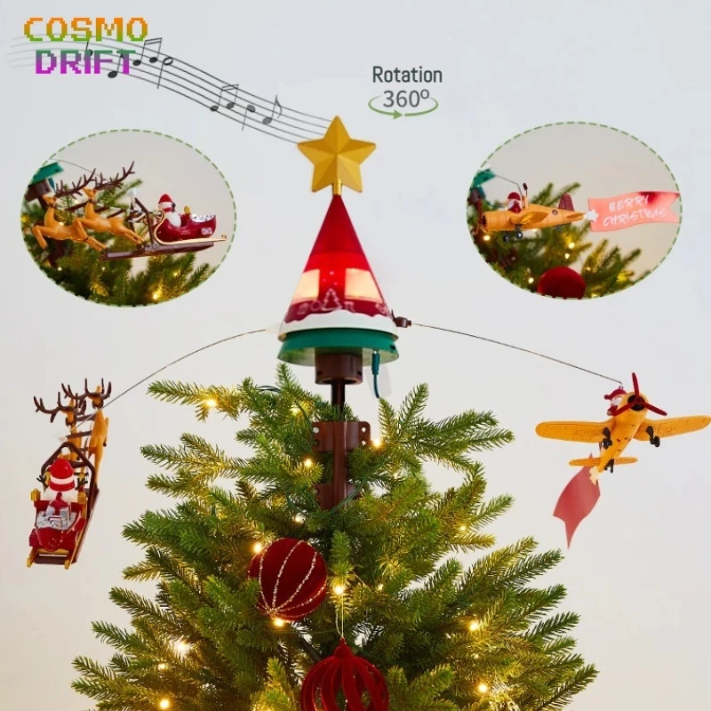 전기 회전 크리스마스 트리 탑 스타 음악 LED 조명 휴일 장식 순록 눈사람 장식품 어린이를위한 선물 장난감