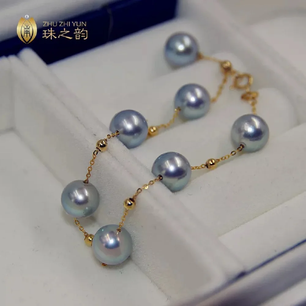 Charming Pearl Bracelet AAA++8-7mm Natural Akoya Grey Round Pearl Bracelet 18k/AU750 7.5-8inch