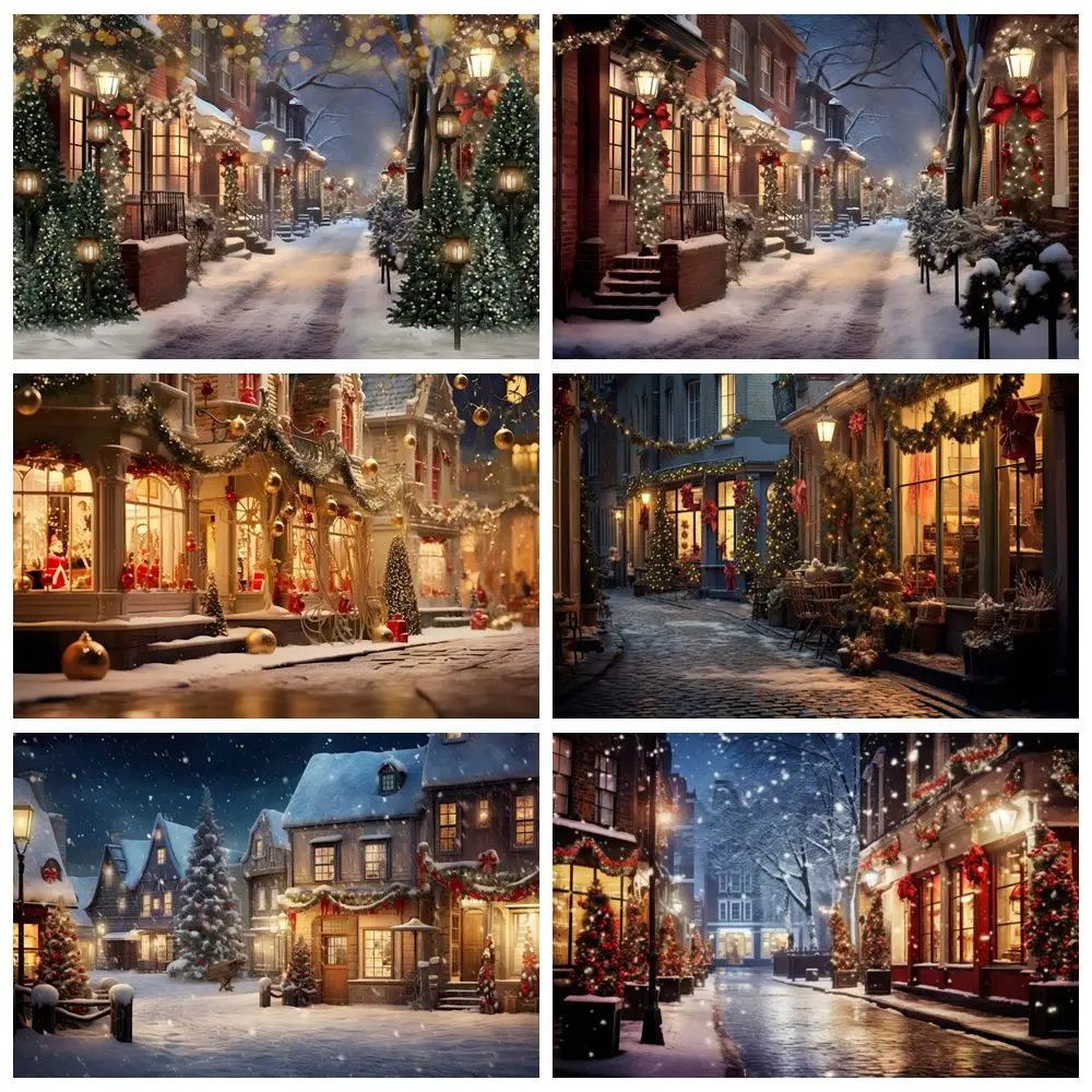 

Christmas Town Backdrop Street Shops Snow Lights Xmas Tree Winter Party Photography Background Decor Photostudio Photobooth Prop