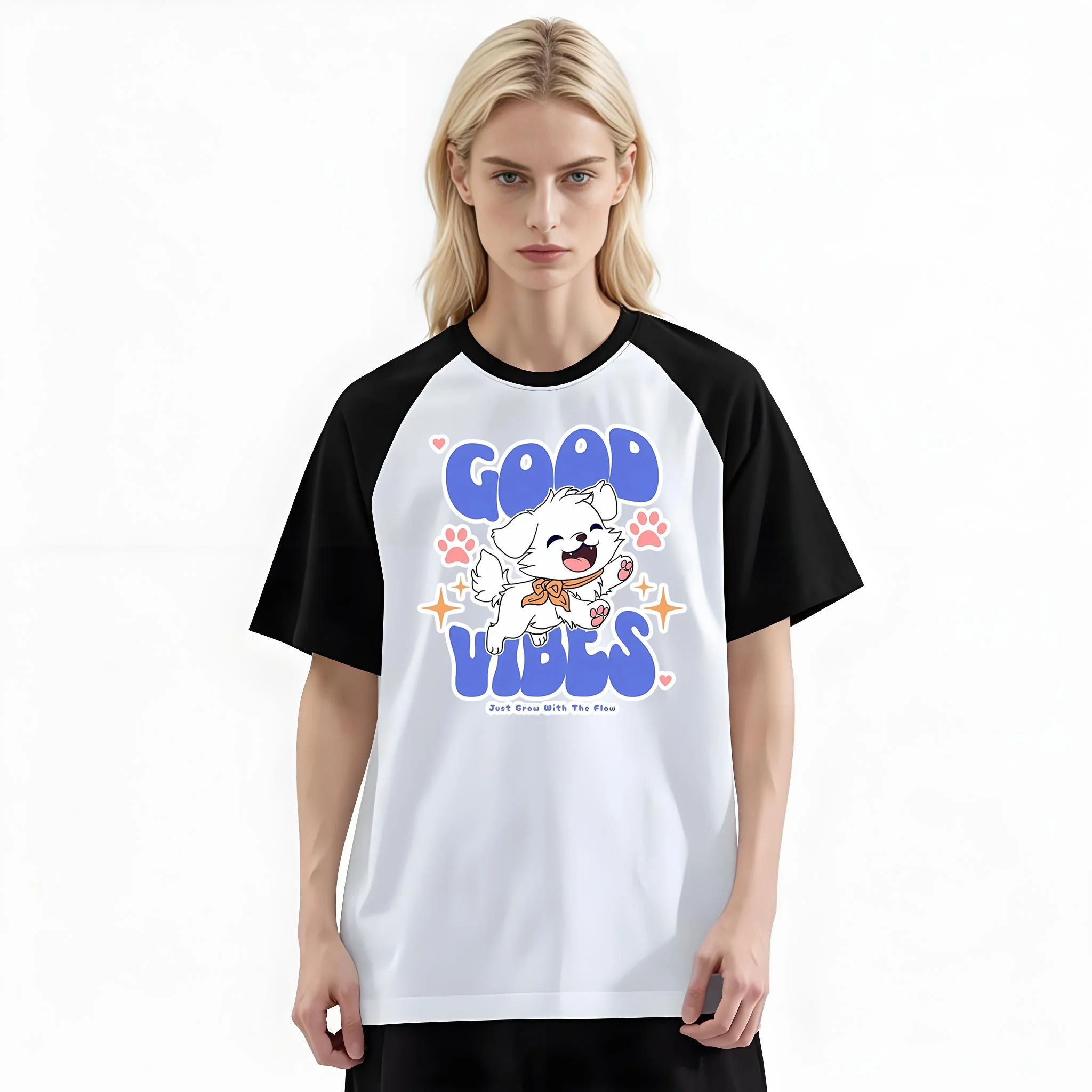 Women'S Fashion Raglan Sleeve T-Shirt, Good Vibes Cute White Puppy Cartoon Positive Trend Printed, Summer Casual Comfortable Tee, Women'S Everyday Short-Sleeve Top