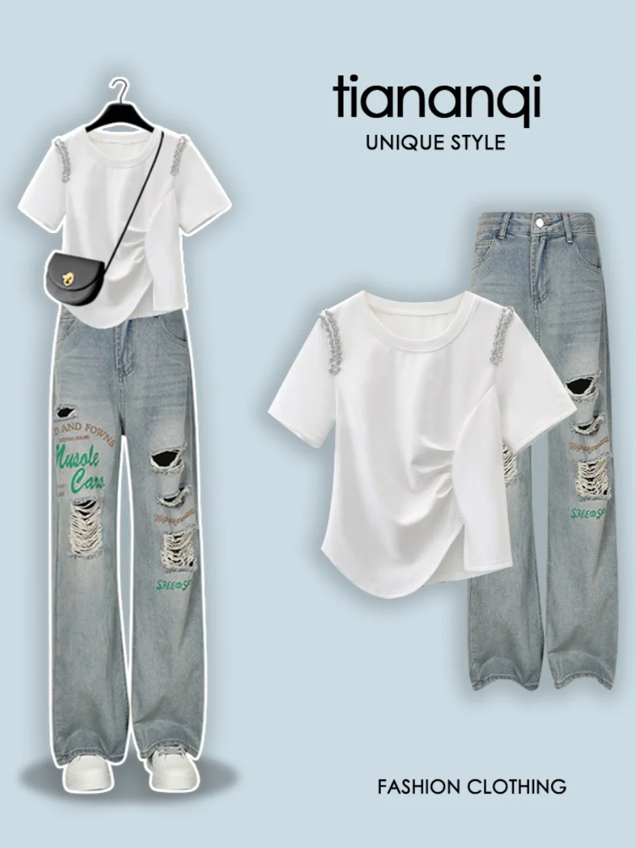 

plus Size Women's Faionable Slimming Denim Jeans V-Ne Heavy Embellied Waed out Sle Summer ort Sve Two-Piece Set