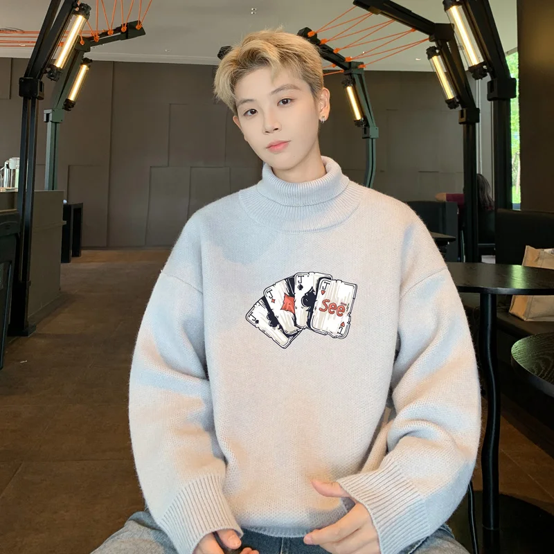 メンズ特大セーター秋白 5XL ニットセータータートルネックポーカープリントカジュアルウェア男性ニットプルオーバー男性服