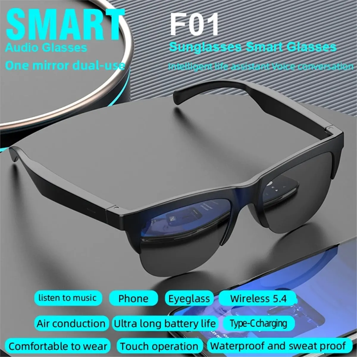 Smart Bluetooth 5.4 Sunglasses Glasses Call Outdoor Sports Headphones HIFI Black Technology for Men and Women