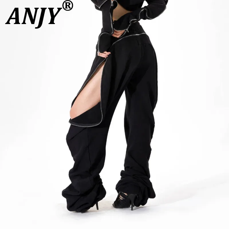 ANJY Spring Autumn New Women Dark Style Zippers Deconstruction Loose Fit Wide-Leg Sweatpants Punk Streetwear Casual Pants A21820