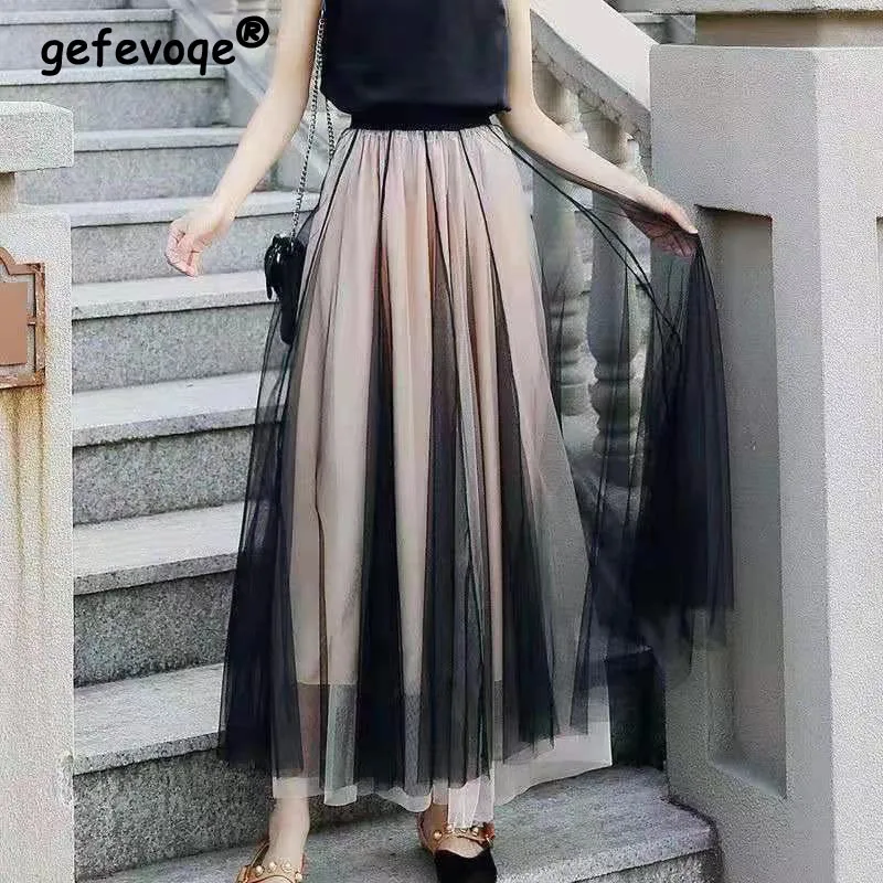 2022 Spring Summer New Vintage Office Lady Tulle A-line Skirt Women Elastic High Waist Mesh Pleated Long Skirt Female Streetwear