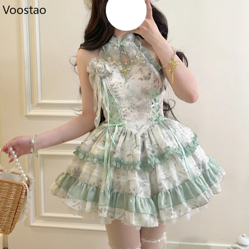 New Chinese Style Vintage Lolita Jsk Princess Dress Women Elegant Print Lace Ruffle Tea Party Mini Dress Pink Sweet Y2k Vestidos