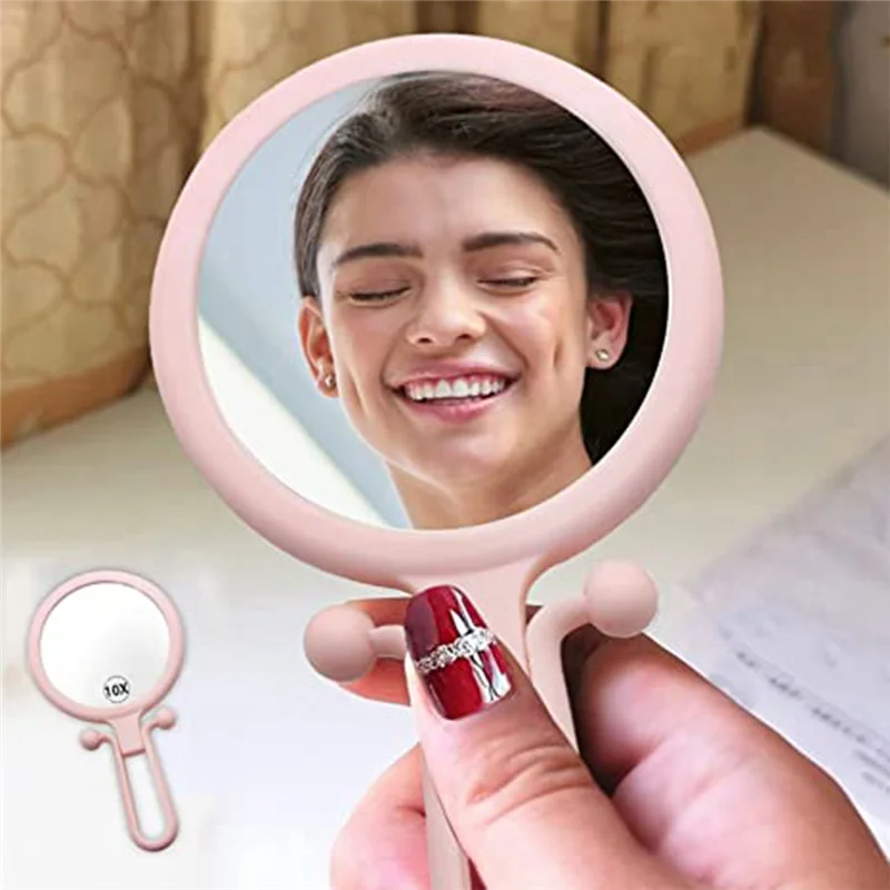 L73A 2025-10X Handheld Magnifier, Double Sided Folding Makeup Mirror, Portable Handheld Mirror With Adjustable Handle(Pink)