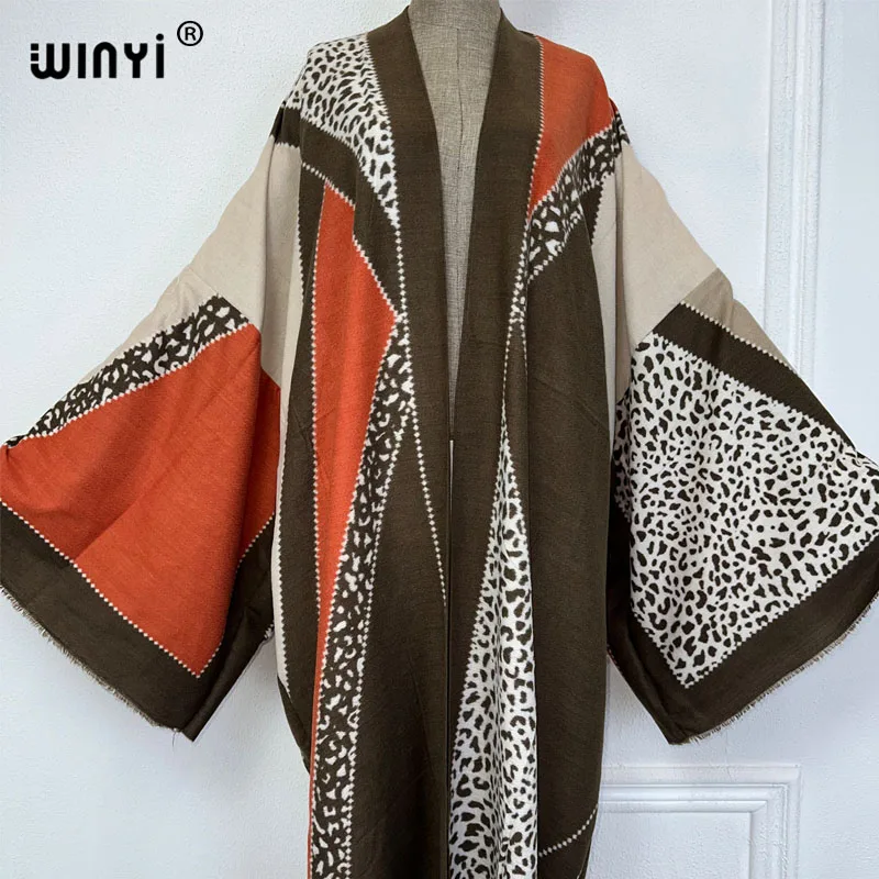 WINYI kimono winter dress for women geometry print Luxury Fur OverCoat Thick Warm coat fashion cardigan Middle East winter abaya