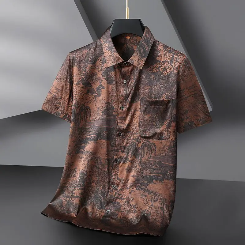 Men's Trendy Short-sleeved Shirt with Fat Plus Size Trendy Fat Extra Size Loose Thin Shirt with Trendy