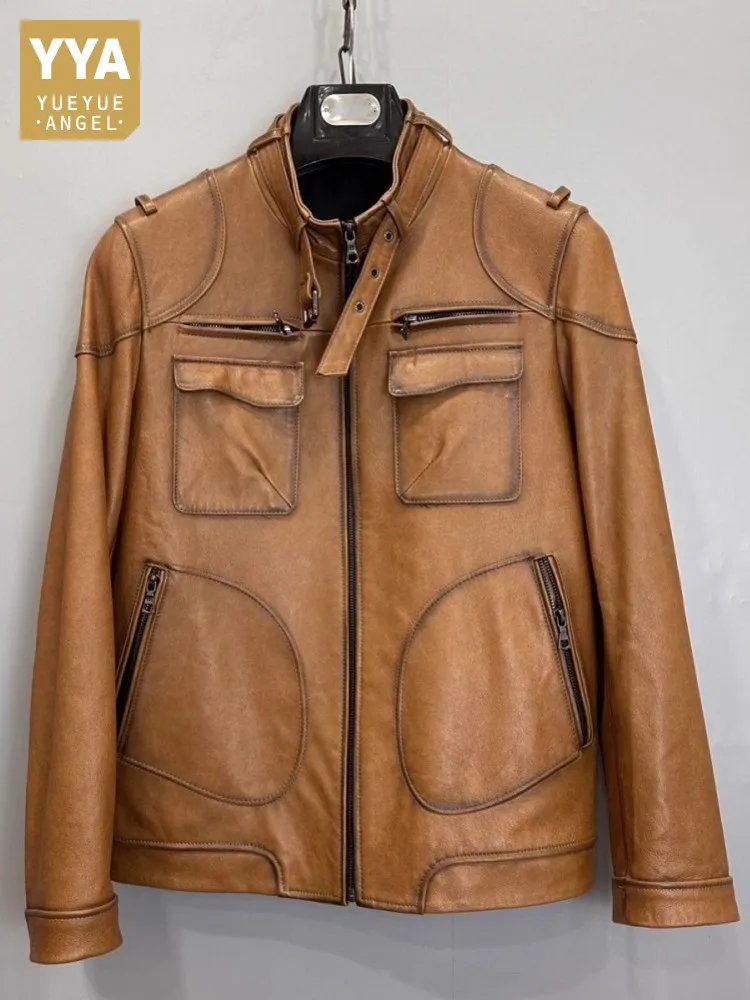 

Autumn Men Stand Collar Windproof Moto Biker Sheepskin Genuine Leather Jacket Multi Pockets Slim Fit Casual Vintage Leather Coat