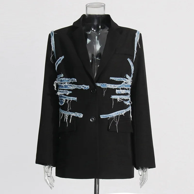 Fashion casual retro denim splicing suit 2025 summer new temperament contrasting color traf design loose blazer women outerwears