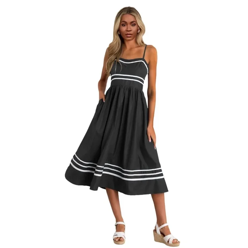 Women Stripe Print Backless A-Line Maxi Dress Spaghetti Strap Square Neck Crinkle Sleeveless Dress New Summer Beach Casual Dress