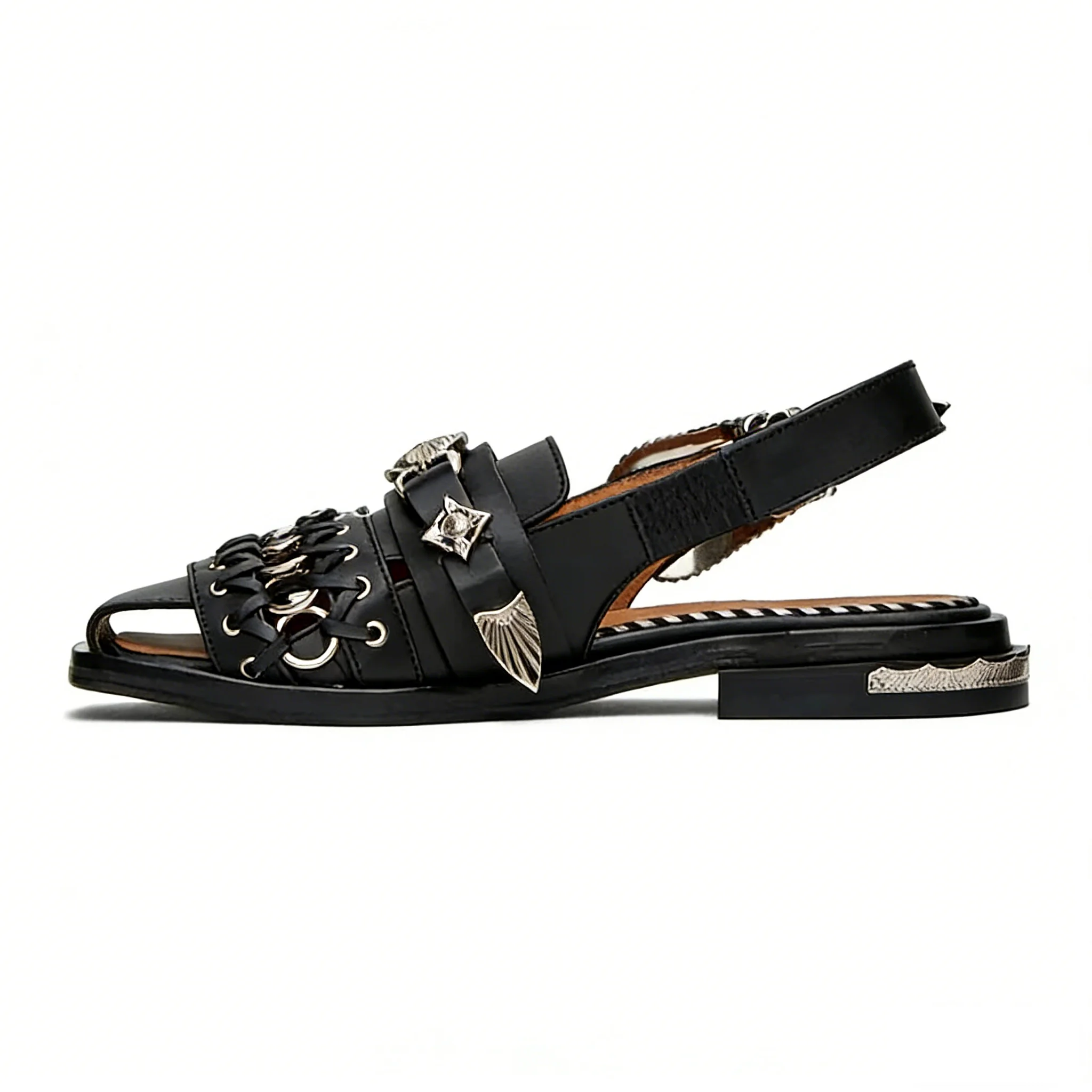 Men's White Leather Gladiator Sandals Western Silver Metal Buckle Decor Slingback Flat Sandals Casual Summer Beach Party Male Fo