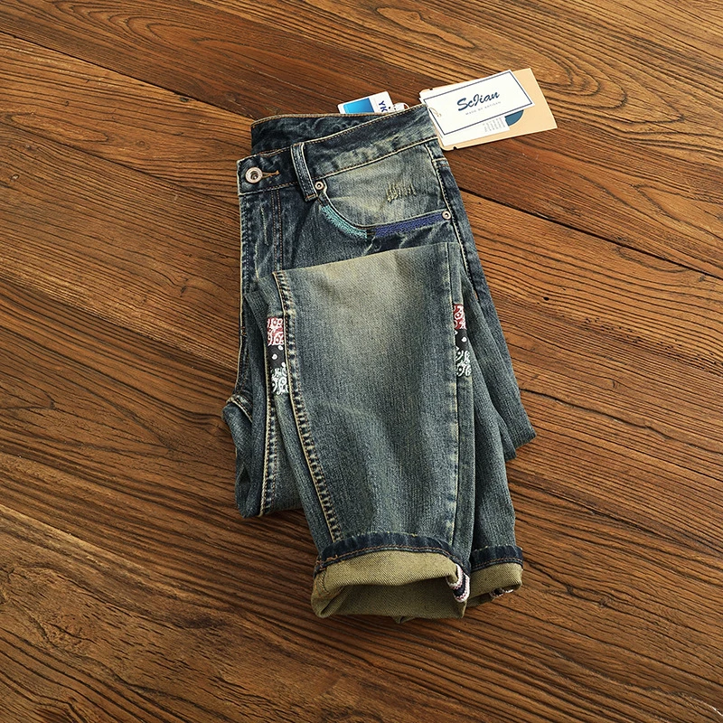 American-style casual high-street trendy men's jeans vintage distressed, washed scratched, stretchy, slim-fit straight-leg pants