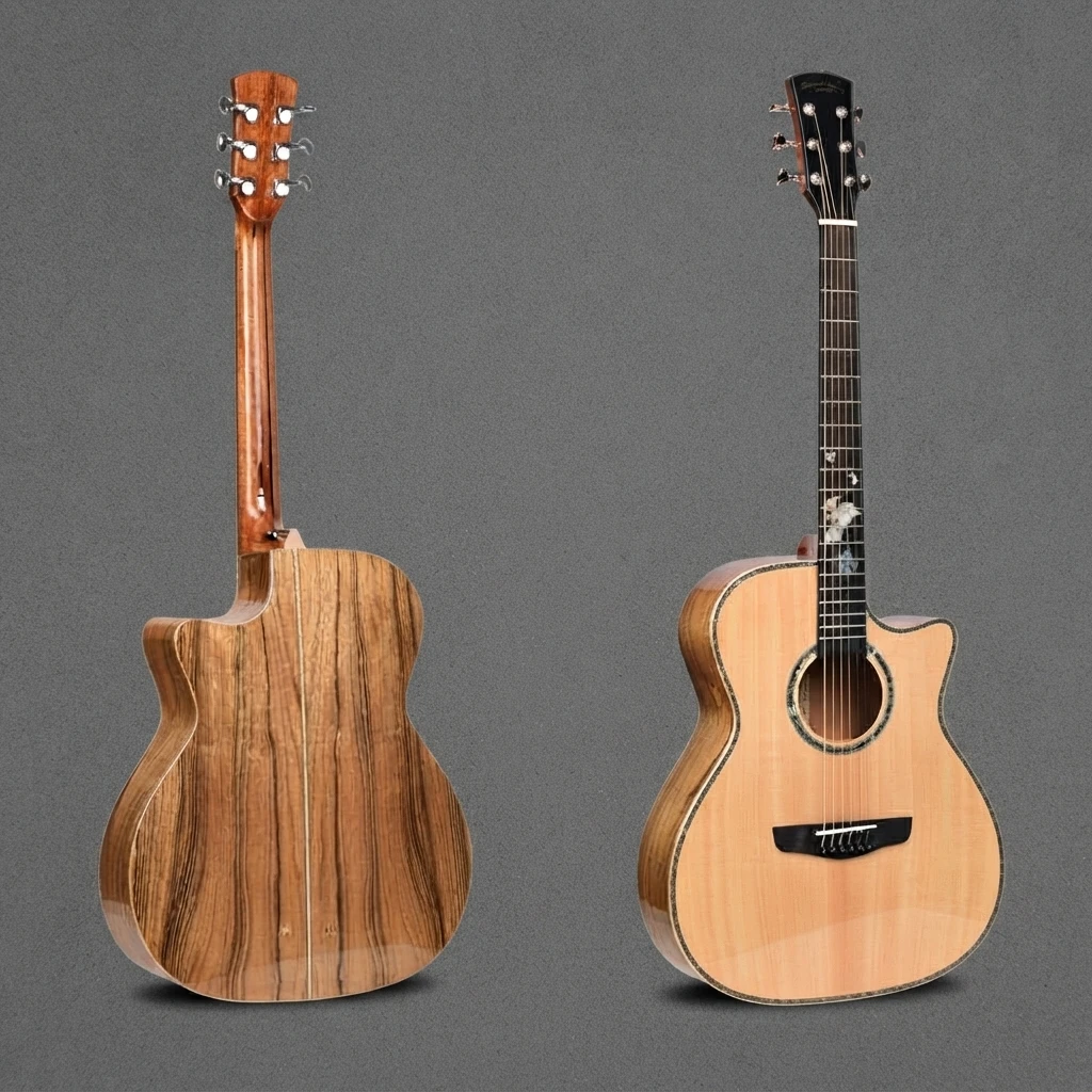 Exotic Striped GA Cutaway Guitar, Acoustic Folk Style, Solid Top, Decorative Rosette, Chrome Tuners, 6 Strings for Amateurs